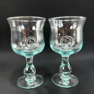 Set of 2 Monogram N Hand Blown‎ Glass Goblets Aqua Clear Stemmed Water Wine 7in